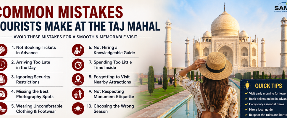 "Common mistakes tourists make at the Taj Mahal travel guide infographic."