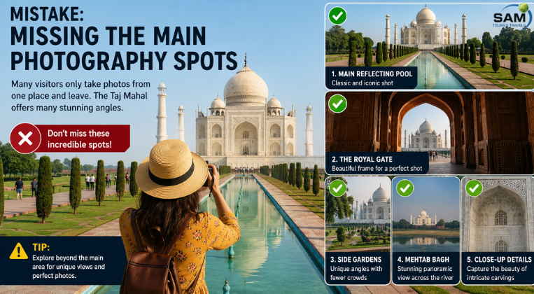 "Common mistakes tourists make at the Taj Mahal travel guide infographic."